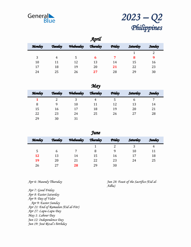 April, May, and June Calendar for Philippines with Monday Start