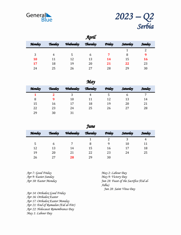 April, May, and June Calendar for Serbia with Monday Start