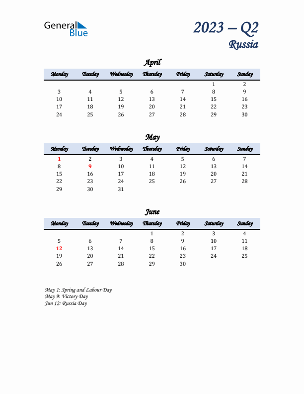 April, May, and June Calendar for Russia with Monday Start