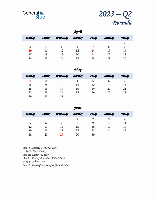 April, May, and June Calendar for Rwanda with Monday Start