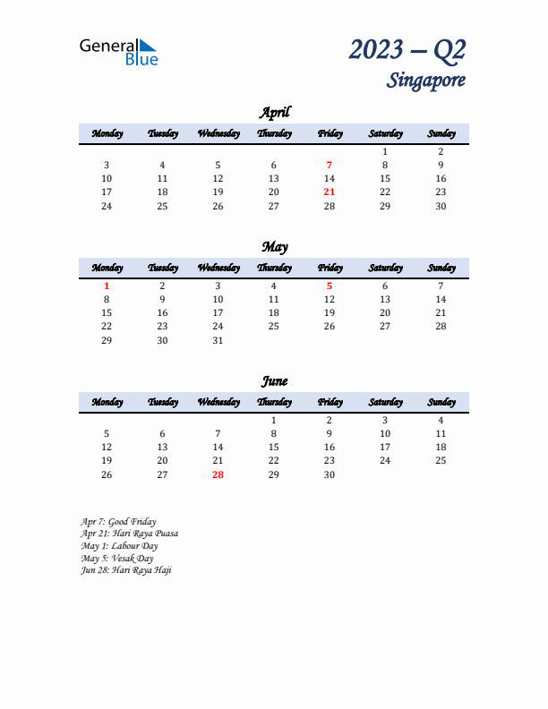 April, May, and June Calendar for Singapore with Monday Start