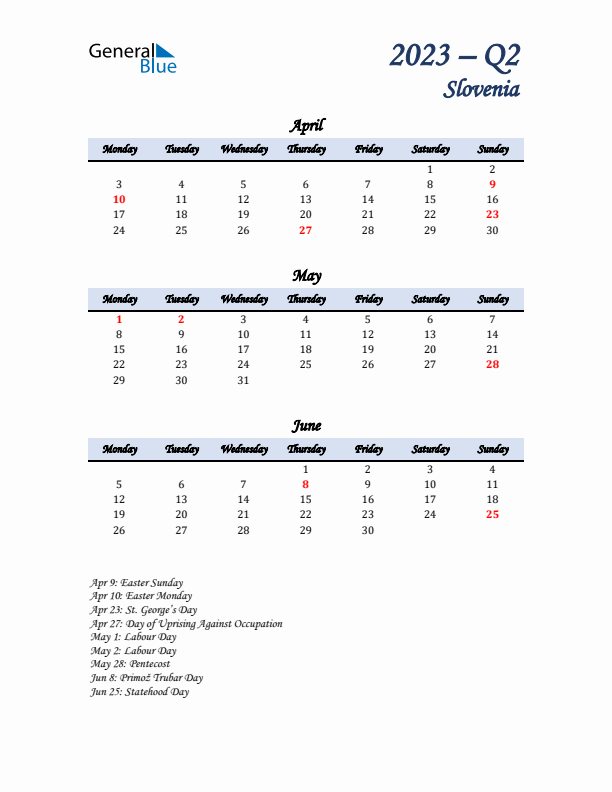 April, May, and June Calendar for Slovenia with Monday Start