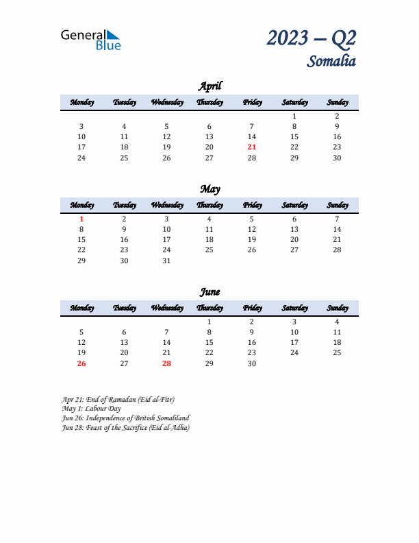 April, May, and June Calendar for Somalia with Monday Start