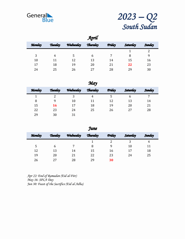 April, May, and June Calendar for South Sudan with Monday Start