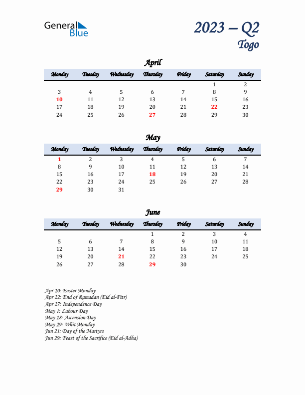 April, May, and June Calendar for Togo with Monday Start