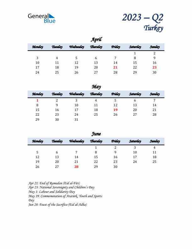 April, May, and June Calendar for Turkey with Monday Start