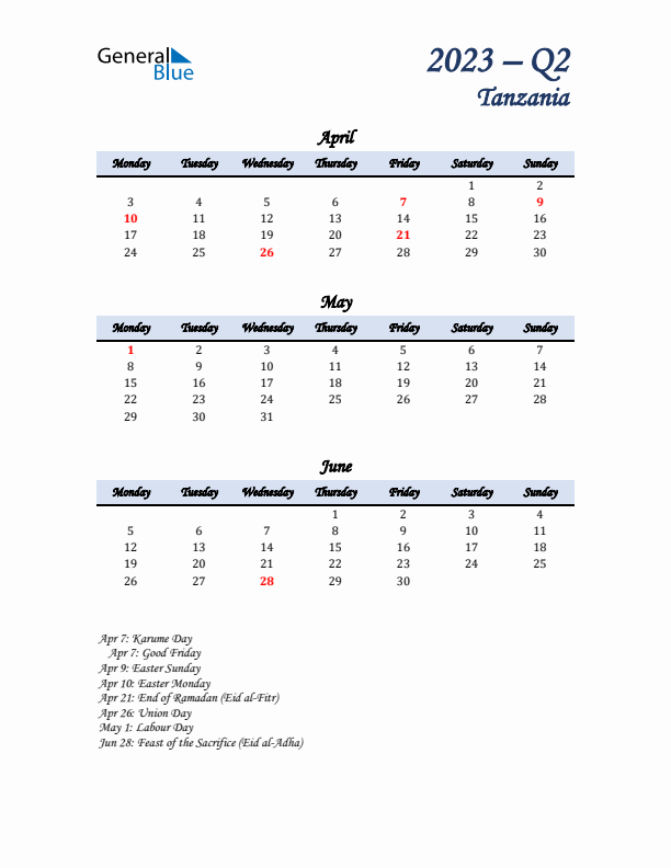 April, May, and June Calendar for Tanzania with Monday Start