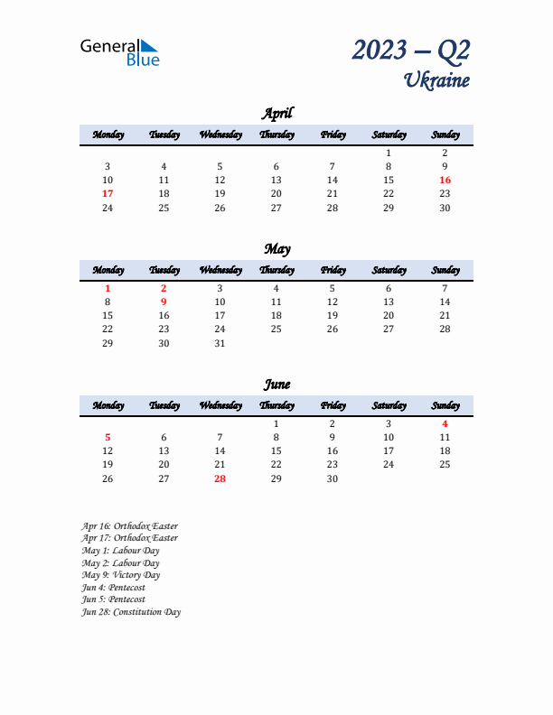 April, May, and June Calendar for Ukraine with Monday Start