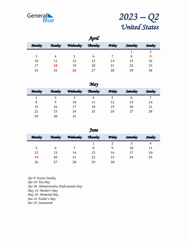 April, May, and June Calendar for United States with Monday Start