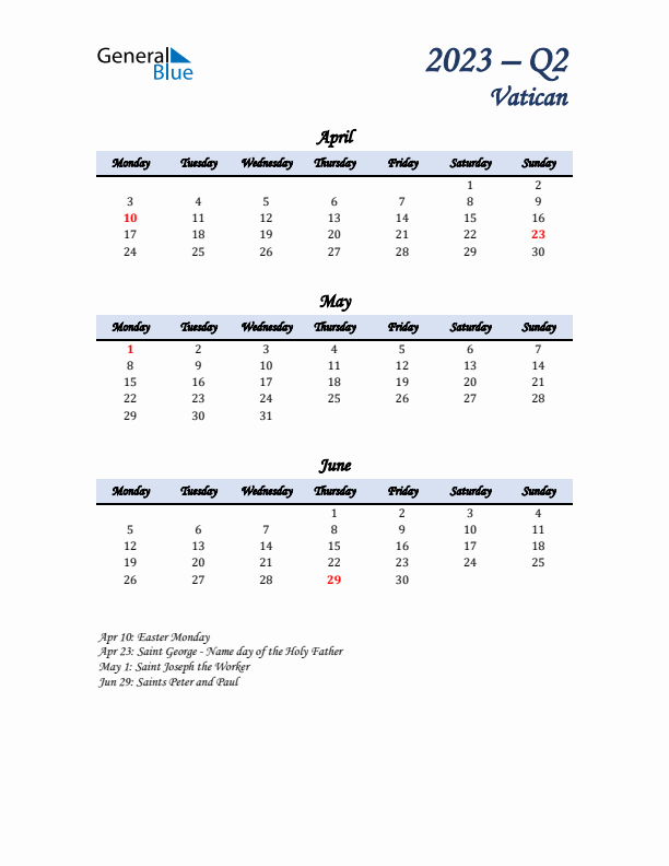 April, May, and June Calendar for Vatican with Monday Start