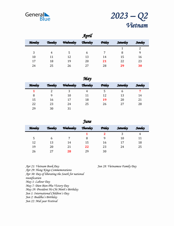 April, May, and June Calendar for Vietnam with Monday Start