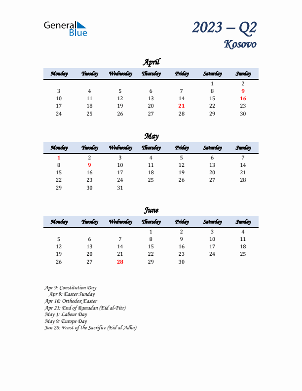 April, May, and June Calendar for Kosovo with Monday Start