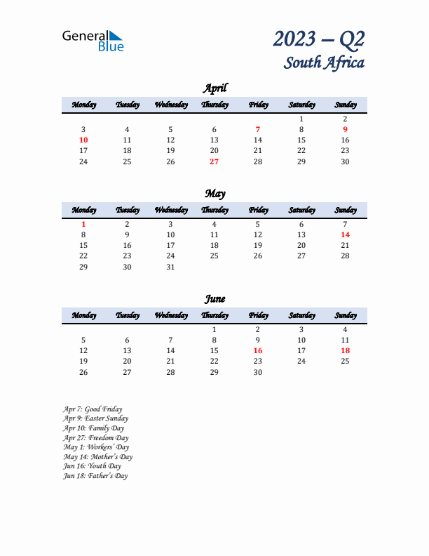 April, May, and June Calendar for South Africa with Monday Start