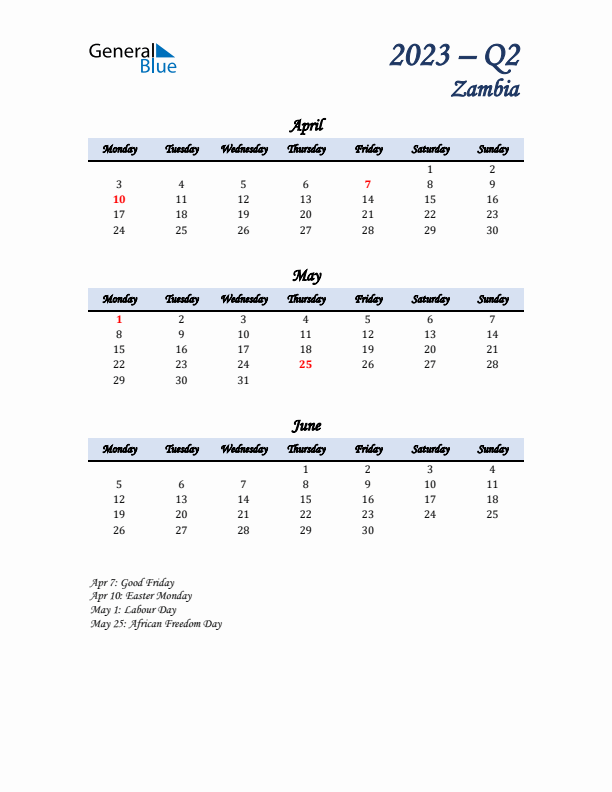 April, May, and June Calendar for Zambia with Monday Start