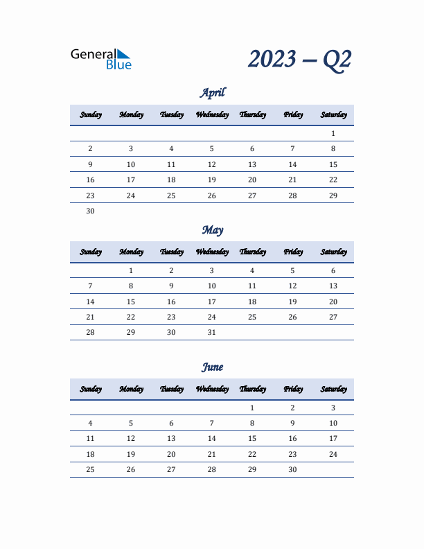 Sunday Start 2023 Quarterly Calendar