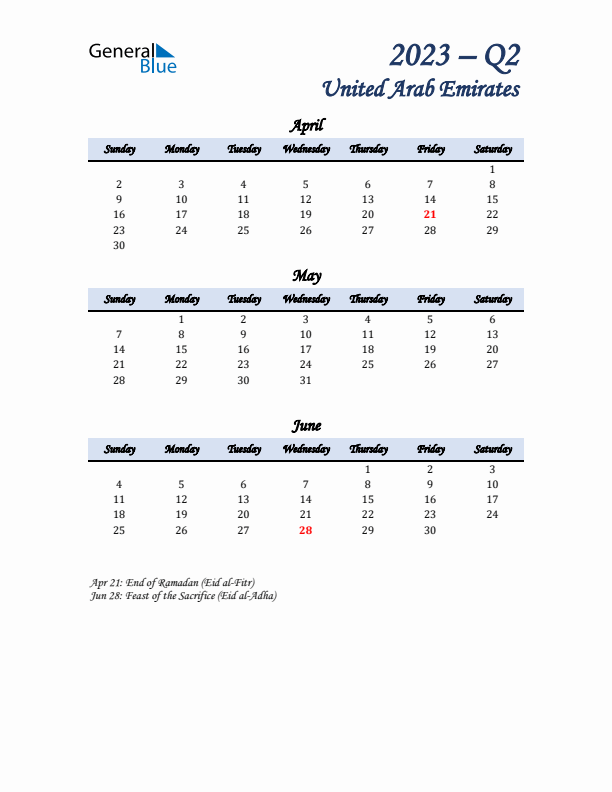 April, May, and June Calendar for United Arab Emirates with Sunday Start