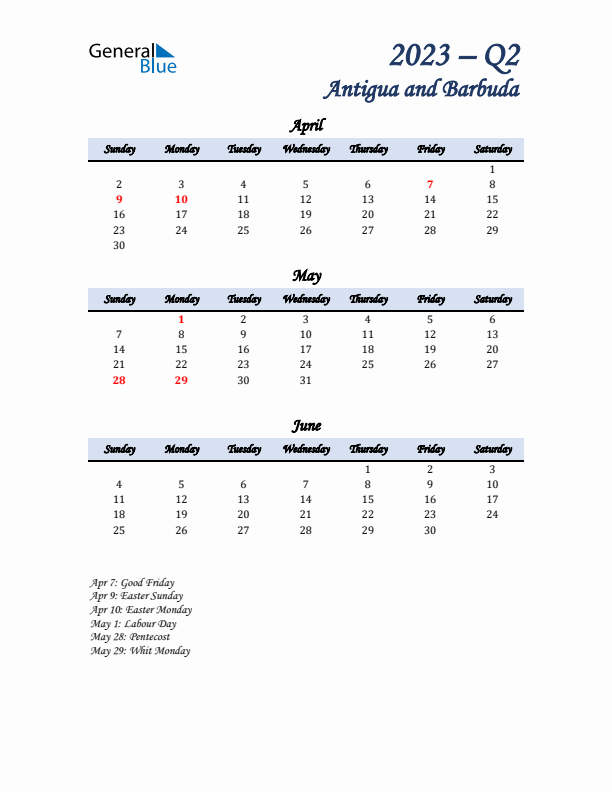 April, May, and June Calendar for Antigua and Barbuda with Sunday Start