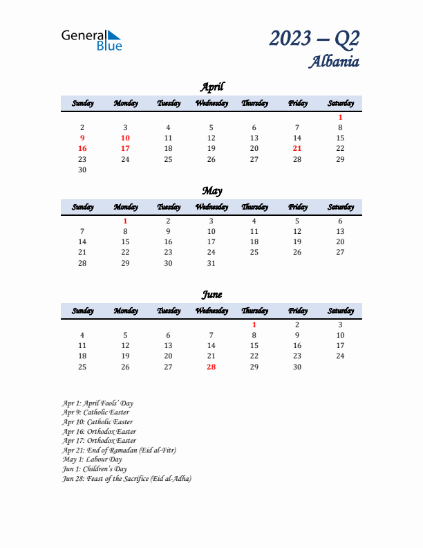 April, May, and June Calendar for Albania with Sunday Start