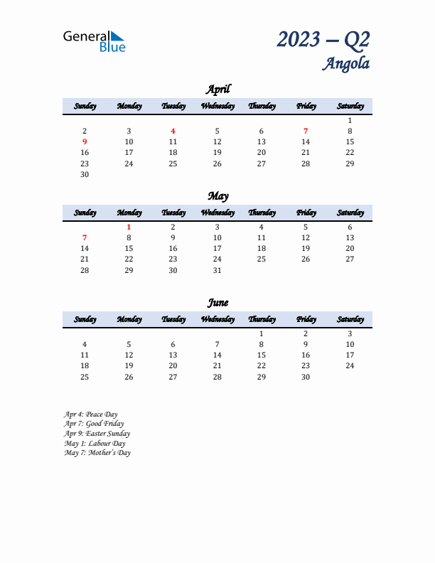 April, May, and June Calendar for Angola with Sunday Start