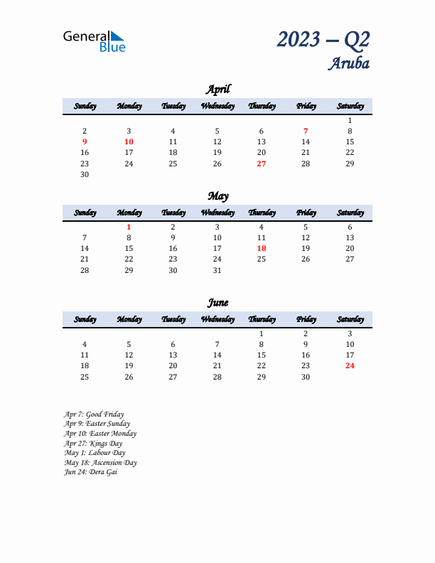 April, May, and June Calendar for Aruba with Sunday Start