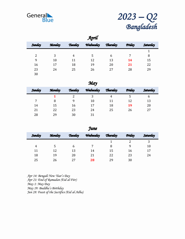 April, May, and June Calendar for Bangladesh with Sunday Start