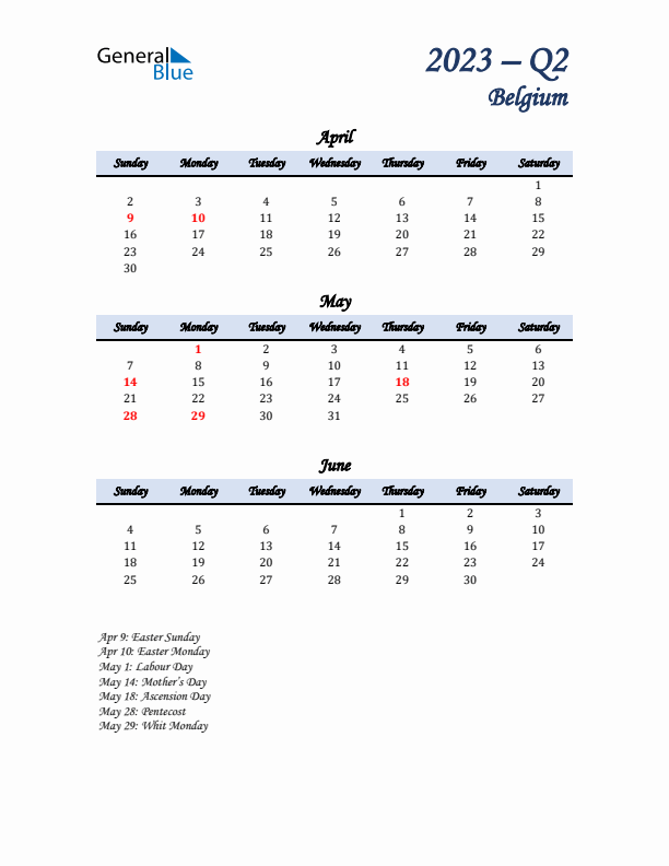 April, May, and June Calendar for Belgium with Sunday Start