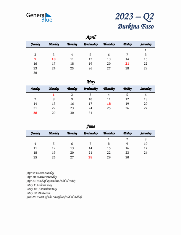 April, May, and June Calendar for Burkina Faso with Sunday Start