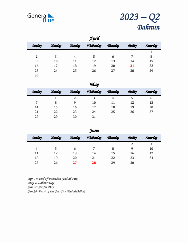 April, May, and June Calendar for Bahrain with Sunday Start