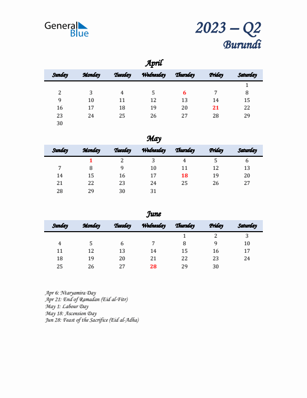 April, May, and June Calendar for Burundi with Sunday Start