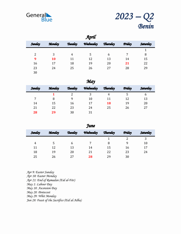 April, May, and June Calendar for Benin with Sunday Start