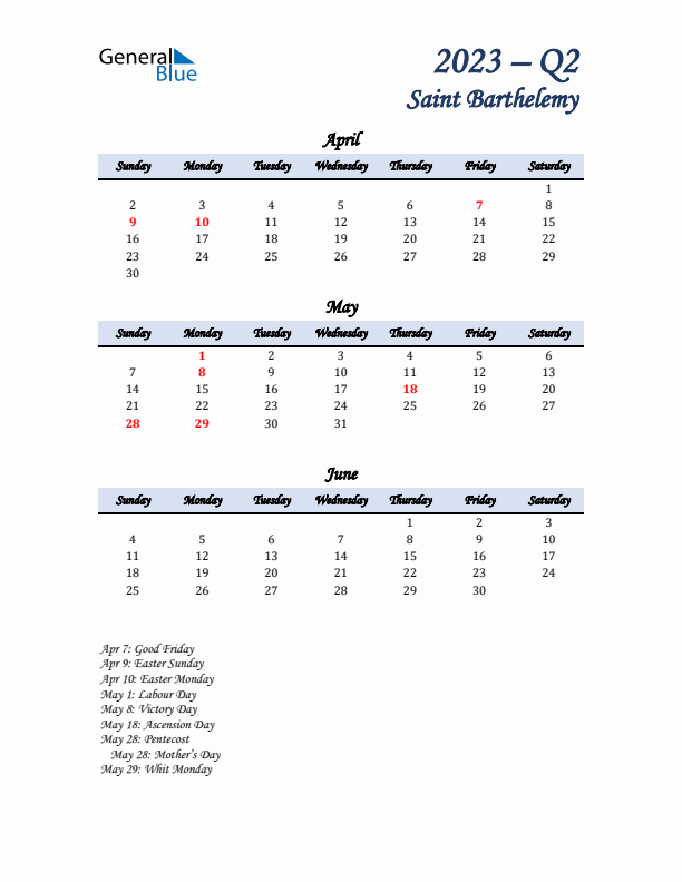 April, May, and June Calendar for Saint Barthelemy with Sunday Start