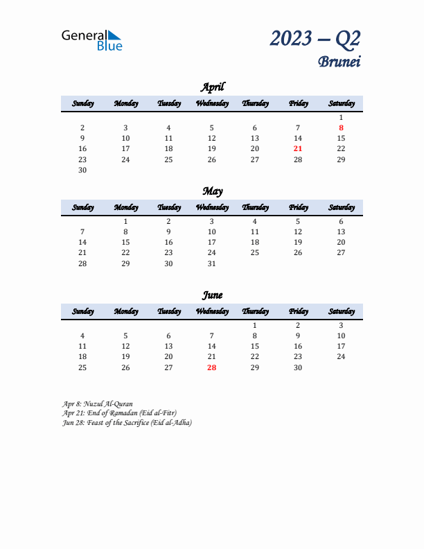 April, May, and June Calendar for Brunei with Sunday Start