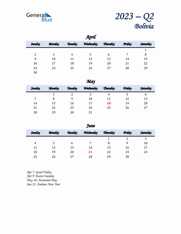 April, May, and June Calendar for Bolivia with Sunday Start