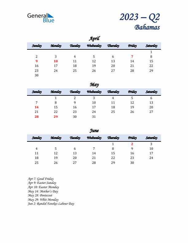 April, May, and June Calendar for Bahamas with Sunday Start