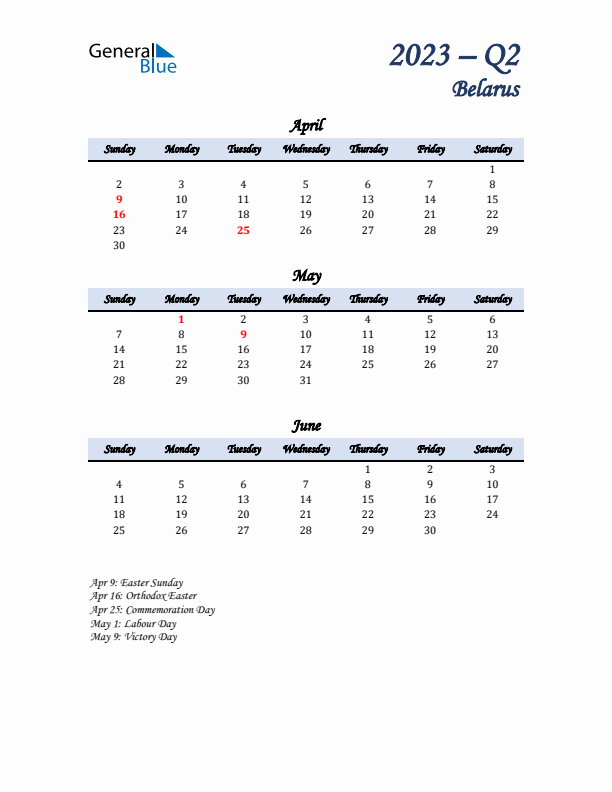 April, May, and June Calendar for Belarus with Sunday Start