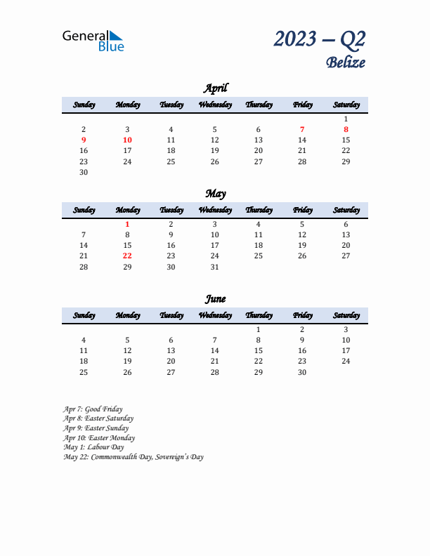 April, May, and June Calendar for Belize with Sunday Start