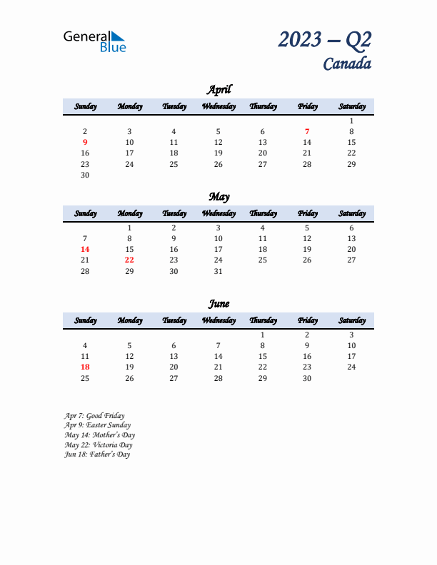 April, May, and June Calendar for Canada with Sunday Start