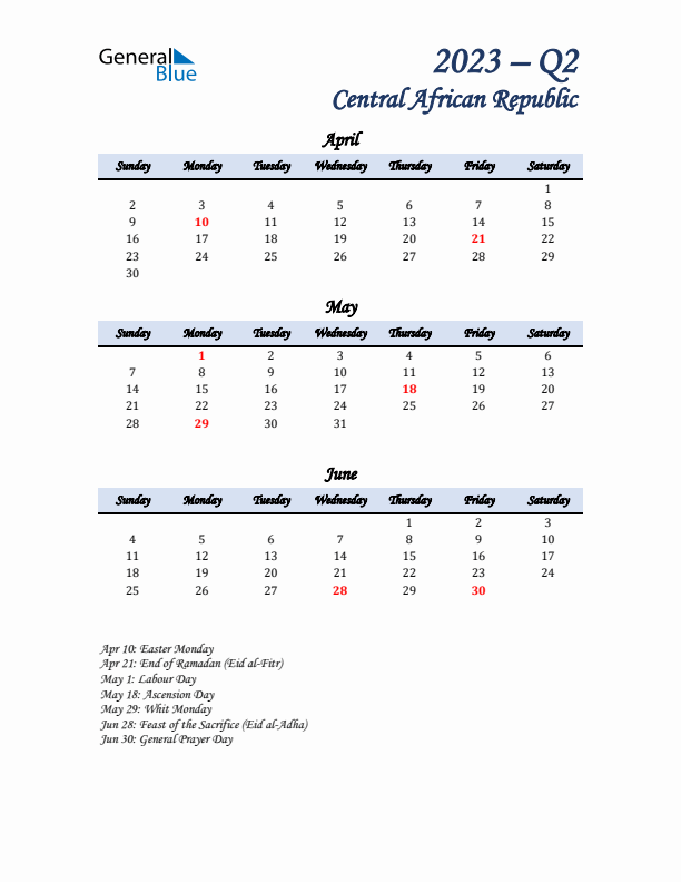 April, May, and June Calendar for Central African Republic with Sunday Start