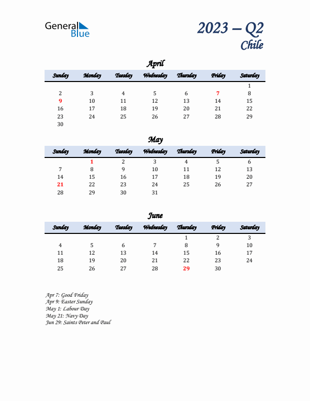 April, May, and June Calendar for Chile with Sunday Start