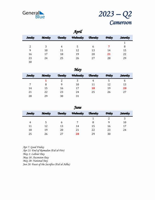 April, May, and June Calendar for Cameroon with Sunday Start