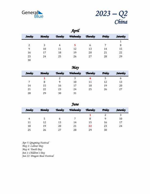 April, May, and June Calendar for China with Sunday Start