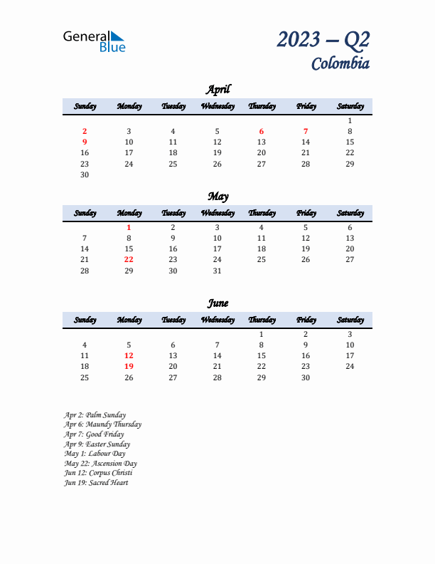 April, May, and June Calendar for Colombia with Sunday Start