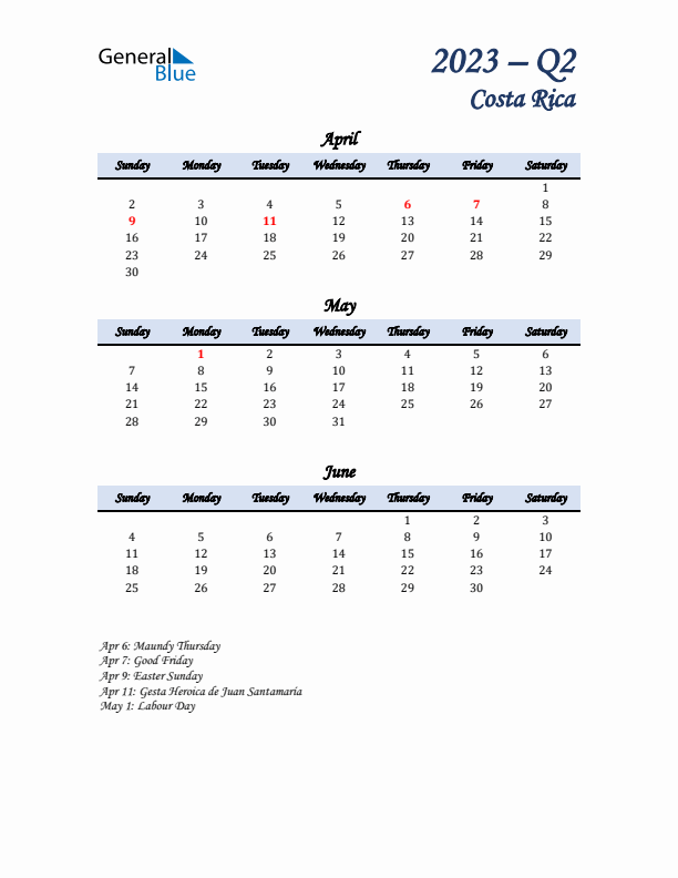 April, May, and June Calendar for Costa Rica with Sunday Start