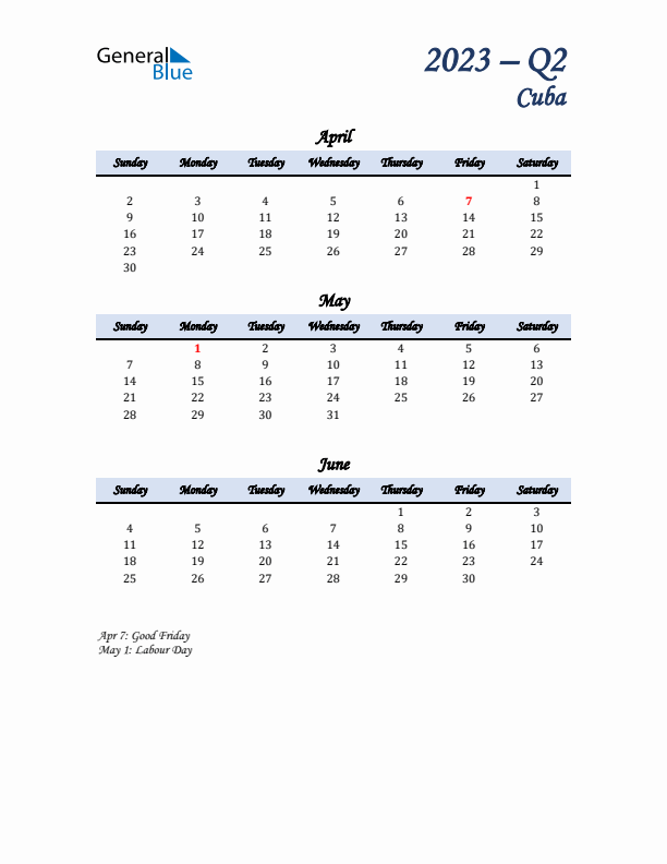 April, May, and June Calendar for Cuba with Sunday Start