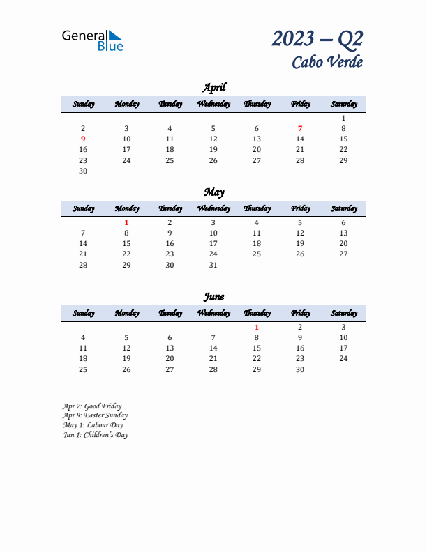 April, May, and June Calendar for Cabo Verde with Sunday Start