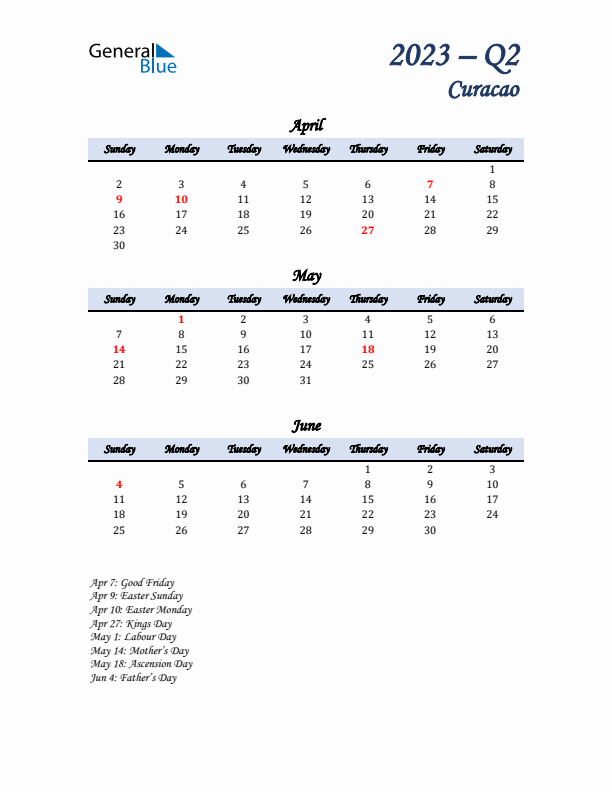 April, May, and June Calendar for Curacao with Sunday Start