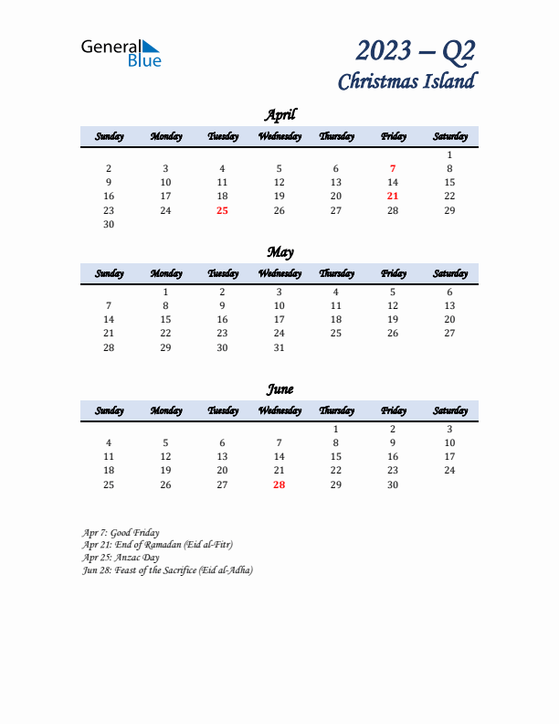 April, May, and June Calendar for Christmas Island with Sunday Start