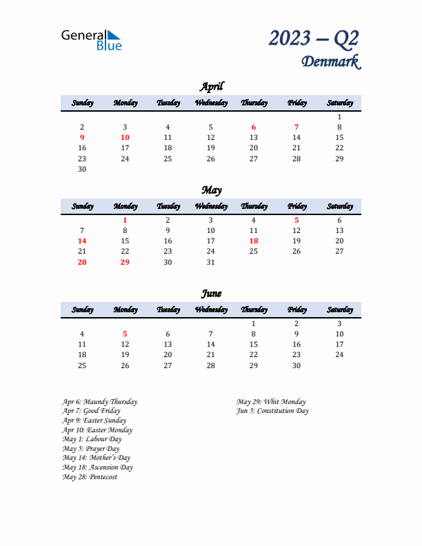 April, May, and June Calendar for Denmark with Sunday Start