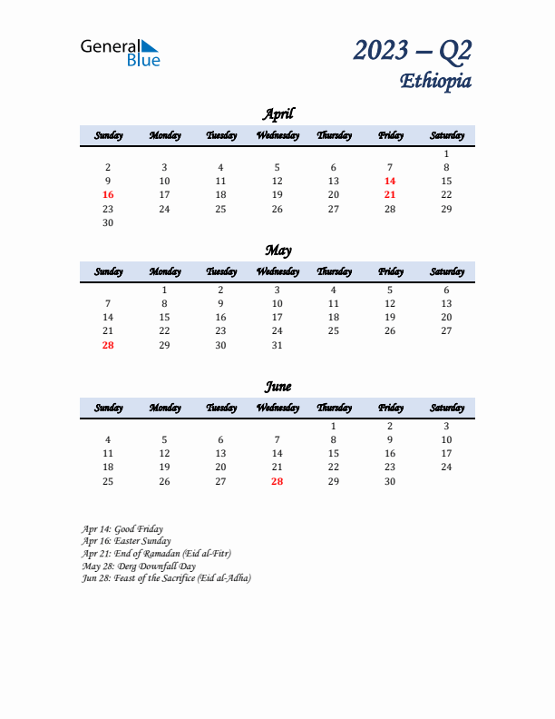 April, May, and June Calendar for Ethiopia with Sunday Start