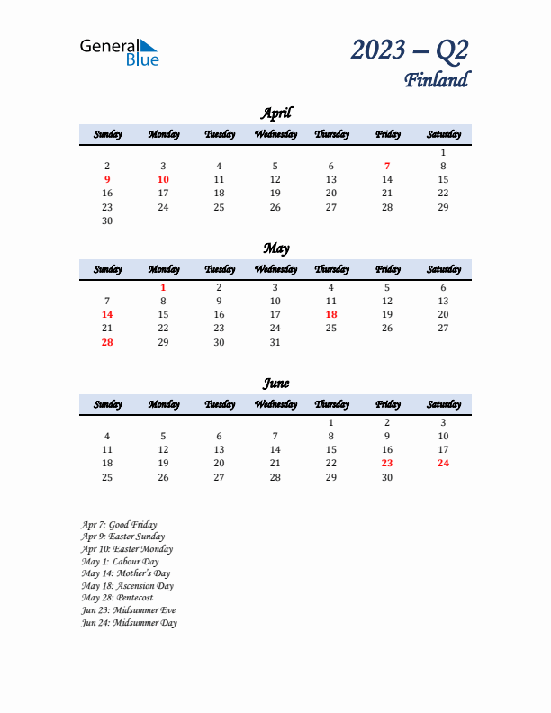 April, May, and June Calendar for Finland with Sunday Start